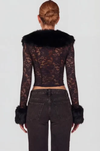 Noemy Sheer Lace Faux-Fur-Trim Cardigan in Black