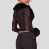 Noemy Sheer Lace Faux-Fur-Trim Cardigan in Black