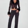 Noemy Sheer Lace Faux-Fur-Trim Cardigan in Black