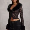 Noemy Sheer Lace Faux-Fur-Trim Cardigan in Black