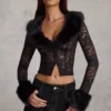 Noemy Sheer Lace Faux-Fur-Trim Cardigan in Black