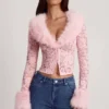 Noemy Sheer Lace Faux-Fur-Trim Cardigan in Pink