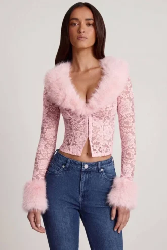 Noemy Sheer Lace Faux-Fur-Trim Cardigan in Pink