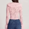Noemy Sheer Lace Faux-Fur-Trim Cardigan in Pink