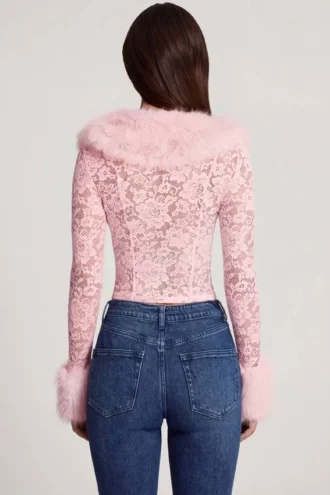 Noemy Sheer Lace Faux-Fur-Trim Cardigan in Pink