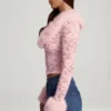 Noemy Sheer Lace Faux-Fur-Trim Cardigan in Pink