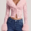 Noemy Sheer Lace Faux-Fur-Trim Cardigan in Pink