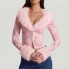 Noemy Sheer Lace Faux-Fur-Trim Cardigan in Pink