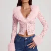 Noemy Sheer Lace Faux-Fur-Trim Cardigan in Pink
