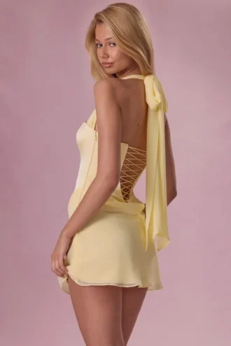 Nola Satin Draped Mini Dress in Butter Yellow