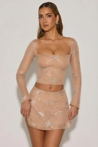 Nolene Embellished Mid-Rise A-Line Mini Skirt in Almond