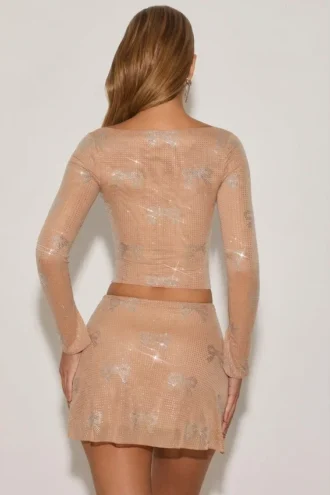 Nolene Embellished Mid-Rise A-Line Mini Skirt in Almond
