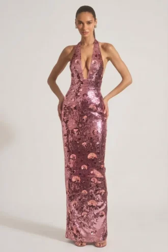 Nolira Sequin-Embellished Halterneck Maxi Dress in Pink