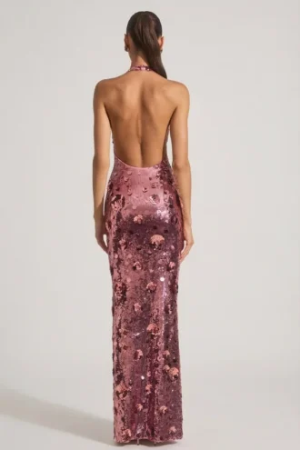 Nolira Sequin-Embellished Halterneck Maxi Dress in Pink