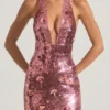Nolira Sequin-Embellished Halterneck Maxi Dress in Pink