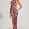 Nolira Sequin-Embellished Halterneck Maxi Dress in Pink