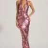 Nolira Sequin-Embellished Halterneck Maxi Dress in Pink