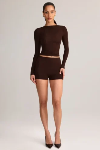 Noor Modal High-Rise Bodycon Mini Shorts in Chocolate Brown