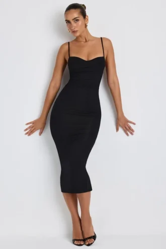 Nora Modal Ruched Layered Midaxi Dress in Black
