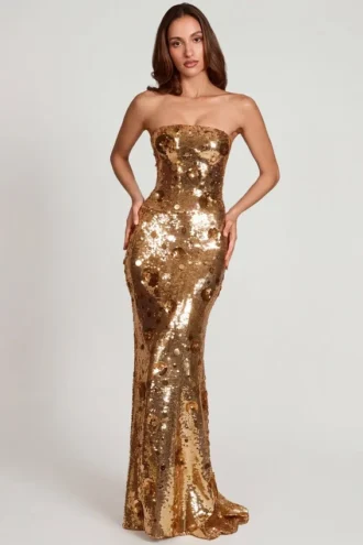 Nottola 3D Embellished Bandeau Maxi Dress in Gold