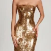 Nottola 3D Embellished Bandeau Maxi Dress in Gold