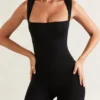 Nova Short Sleeve Square Neck Unitard in Black