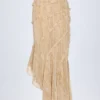 Novina Ruffled Asymmetric Mid-Rise Maxi Skirt in Tan Print