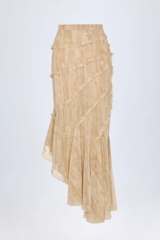 Novina Ruffled Asymmetric Mid-Rise Maxi Skirt in Tan Print