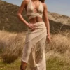 Novina Ruffled Asymmetric Mid-Rise Maxi Skirt in Tan Print