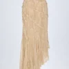 Novina Ruffled Asymmetric Mid-Rise Maxi Skirt in Tan Print