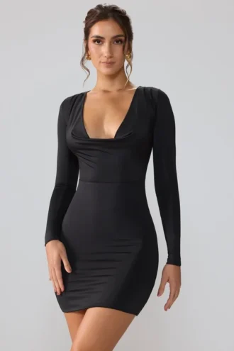 Oakley Slinky Jersey Long Sleeve Plunge Neck Mini Dress in Black