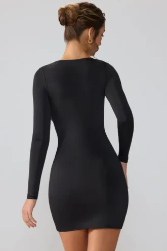 Oakley Slinky Jersey Long Sleeve Plunge Neck Mini Dress in Black