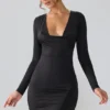 Oakley Slinky Jersey Long Sleeve Plunge Neck Mini Dress in Black