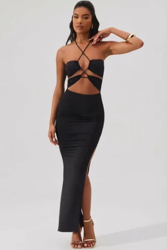 Oceane Cut Out Halter Neck Floor Length Maxi Dress in Black