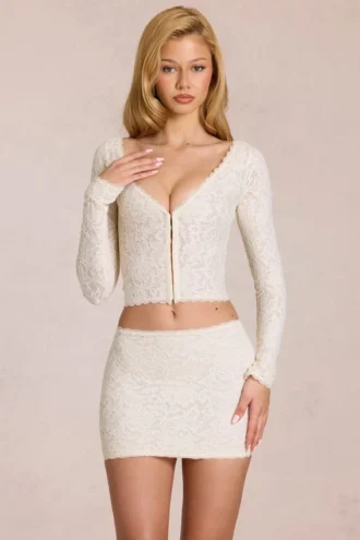 Odelia Lace Plunge Cardigan  in Ivory