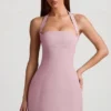 Odessa Pinstripe Halterneck Structured A-Line Mini Dress in Mauve