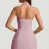 Odessa Pinstripe Halterneck Structured A-Line Mini Dress in Mauve