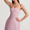 Odessa Pinstripe Halterneck Structured A-Line Mini Dress in Mauve