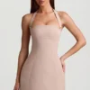 Odessa Pinstripe Halterneck Structured A-Line Mini Dress in Mushroom
