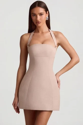 Odessa Pinstripe Halterneck Structured A-Line Mini Dress in Mushroom