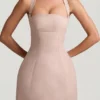 Odessa Pinstripe Halterneck Structured A-Line Mini Dress in Mushroom