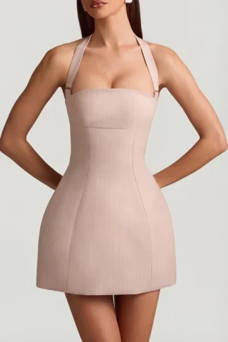 Odessa Pinstripe Halterneck Structured A-Line Mini Dress in Mushroom