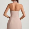 Odessa Pinstripe Halterneck Structured A-Line Mini Dress in Mushroom