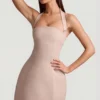 Odessa Pinstripe Halterneck Structured A-Line Mini Dress in Mushroom