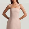 Odessa Pinstripe Halterneck Structured A-Line Mini Dress in Mushroom