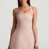 Odessa Pinstripe Halterneck Structured A-Line Mini Dress in Mushroom
