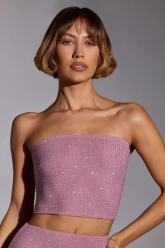 Odetta Embellished Strapless Crop Top in Light Pink
