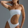 Oh Polly Swim: HOTFIX Edition Embellished Cut-Out Cheeky One-Piece Swimsuit in White