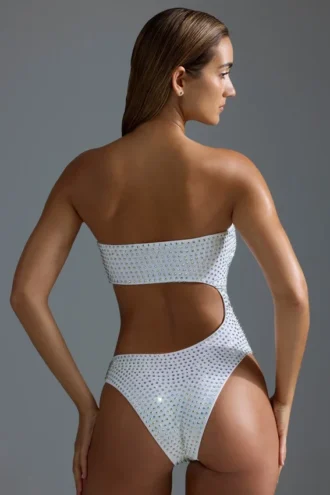 Oh Polly Swim: HOTFIX Edition Embellished Cut-Out Cheeky One-Piece Swimsuit in White