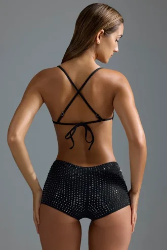 Oh Polly Swim: HOTFIX Edition Embellished Micro Bikini Top in Black